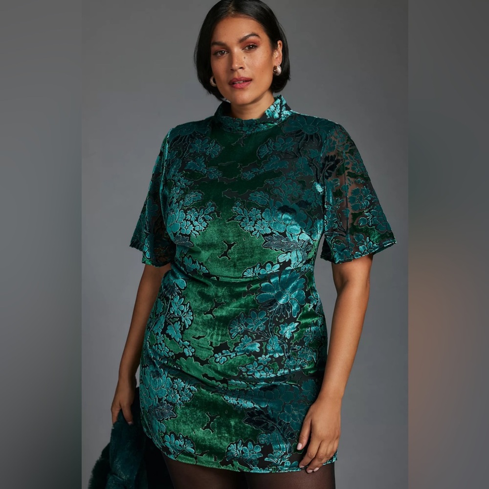 By Anthropologie Floral Velvet Dress in Teal and Black